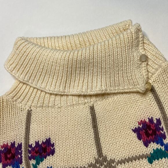 Vintage 80s Eagles Eye Size Small Ivory Cream Floral Print Turtleneck Sweater - Picture 9 of 14
